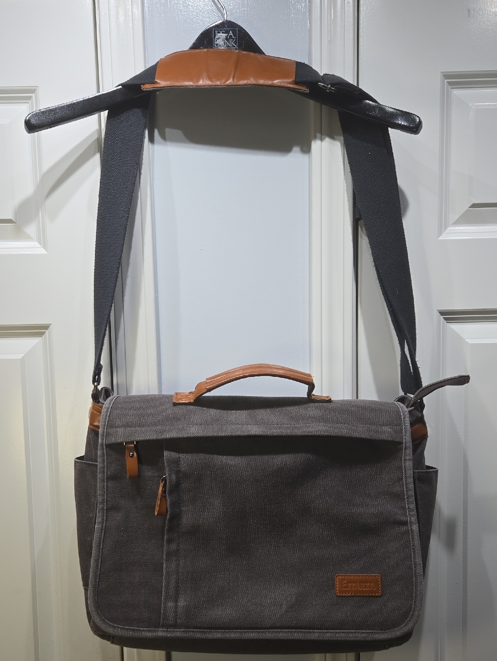 Estarer Gray Canvas Laptop Messenger Bag with Brown Leather Accents